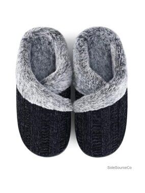 Women's Fuzzy Chenille Knit Slippers with Memory Foam Non-Slip Rubber Sole